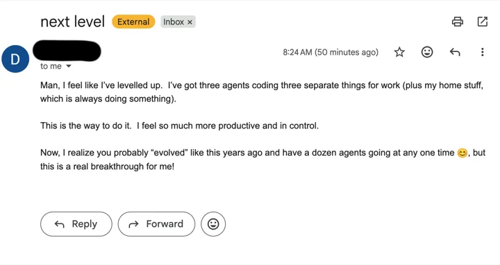 The email itself — sender redacted, subject line 'next level'