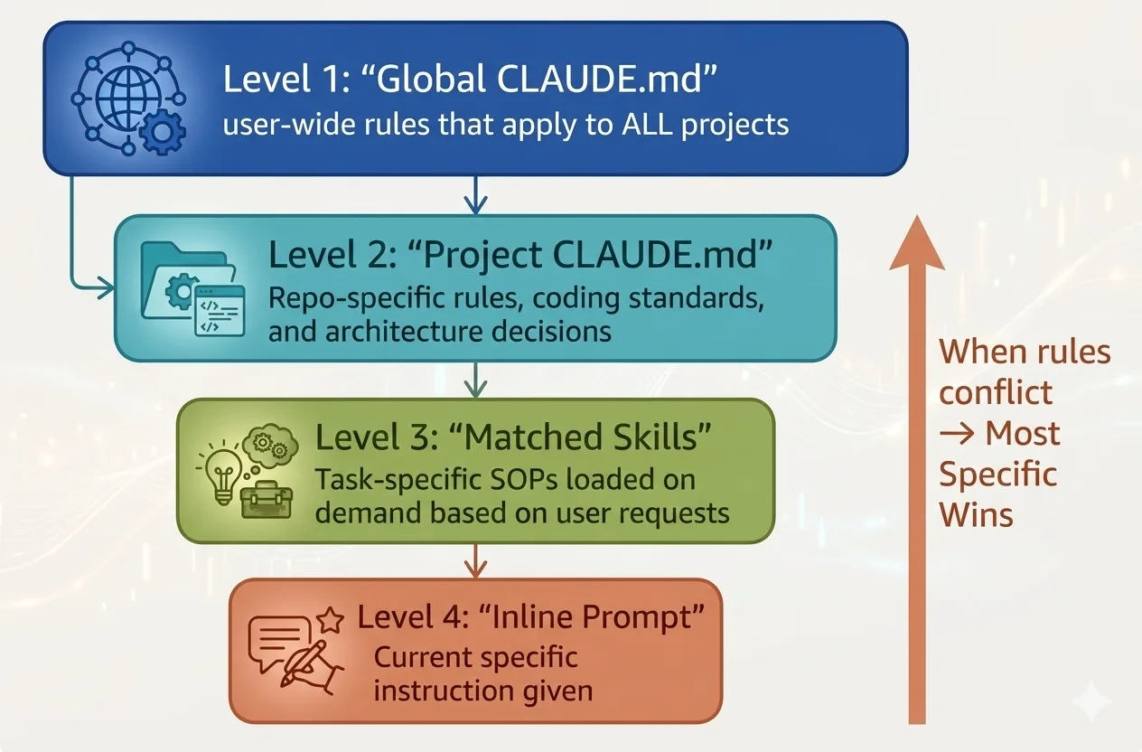 CLAUDE.md Hierarchy — 4 levels from Global to Inline Prompt, most specific wins