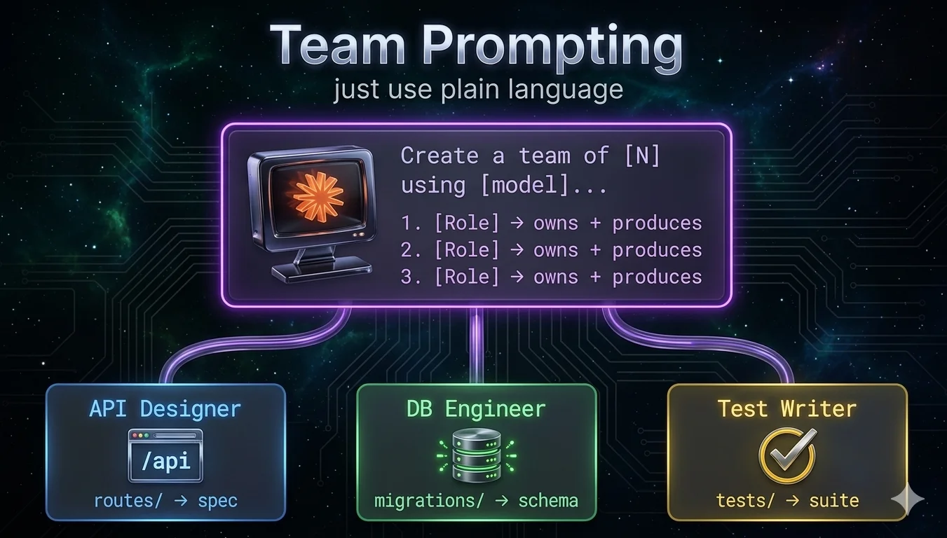 Team Prompting — create a team of N using plain language, assign roles like API Designer, DB Engineer, Test Writer