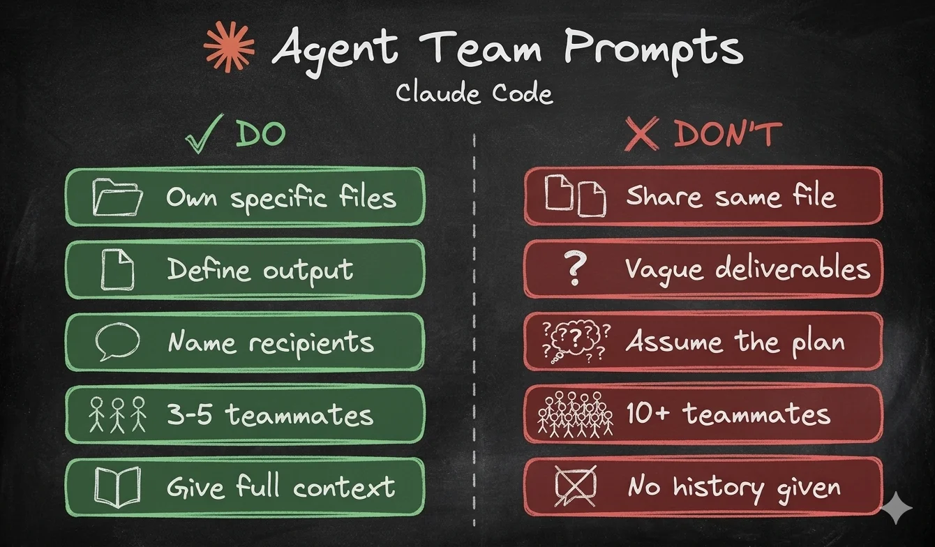 Agent Team Prompts — DO: own specific files, define output, name recipients, 3-5 teammates, give full context. DON'T: share same file, vague deliverables, assume the plan, 10+ teammates, no history given