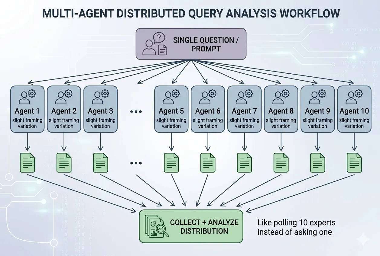 Multi-Agent Distributed Query Analysis — a single prompt fanned out to 10 agents like polling 10 experts instead of asking one