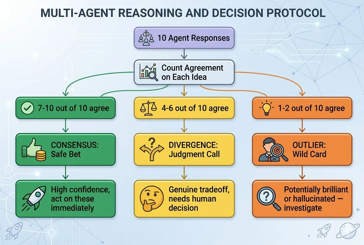 Multi-Agent Reasoning and Decision Protocol — count agreement across 10 agents to classify consensus, divergence, or outlier results