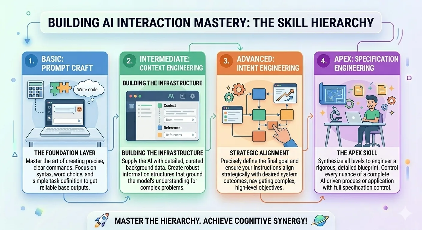 Peter's 4-Stage Capability Framework — Prompt Craft, Context Engineering, Intent Engineering, Specification Engineering