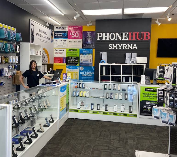 Phone Hub Smyrna interior — display cases with devices for sale
