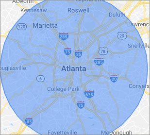 Sandy Springs Computer Repair — Service area map centered on Atlanta, GA