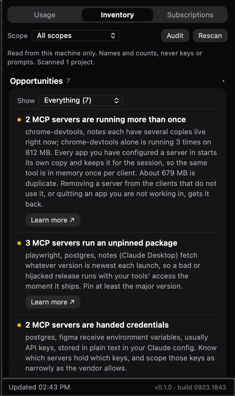 Inventory view listing computed opportunities such as three MCP servers running an unpinned package