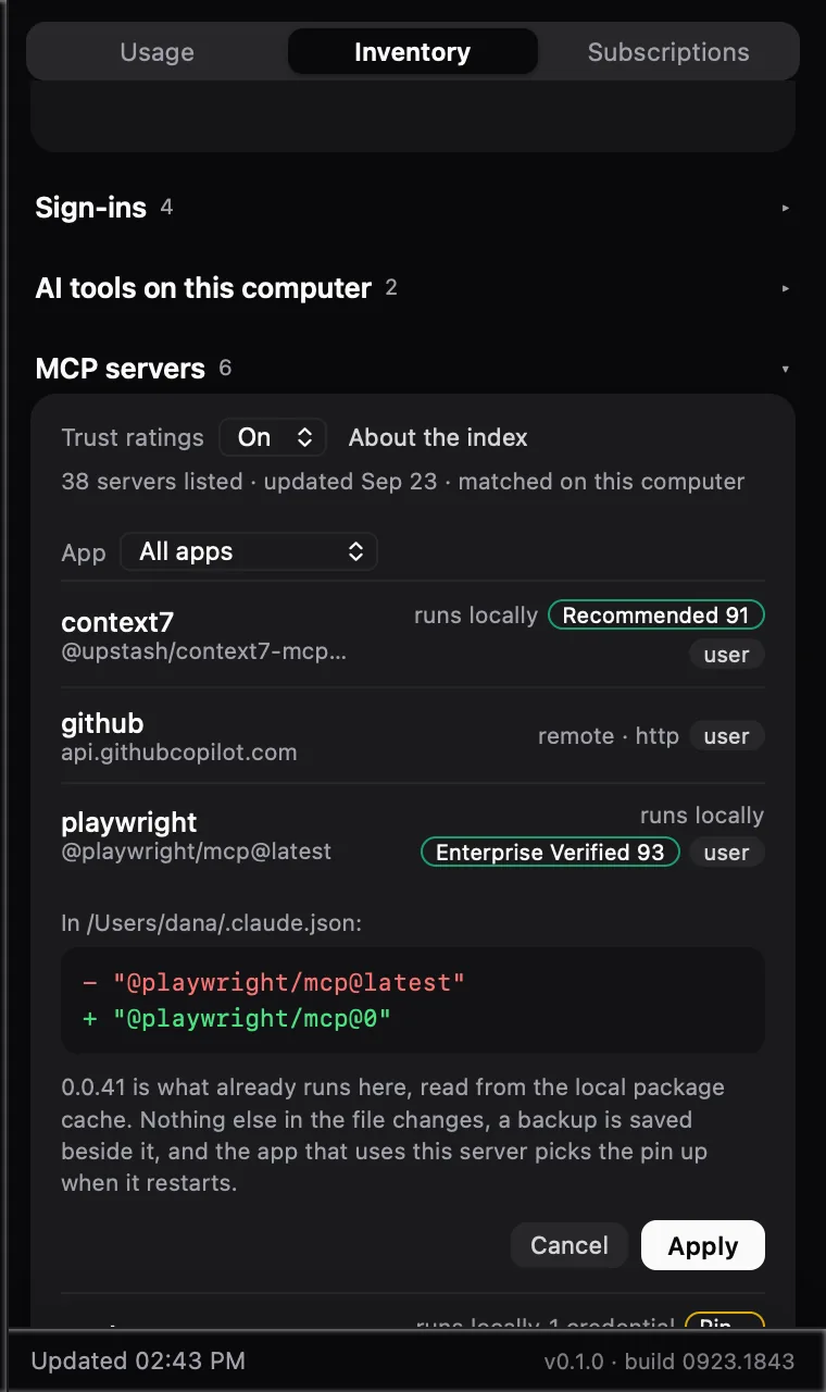 A before and after preview of pinning the playwright MCP package, with Cancel and Apply buttons