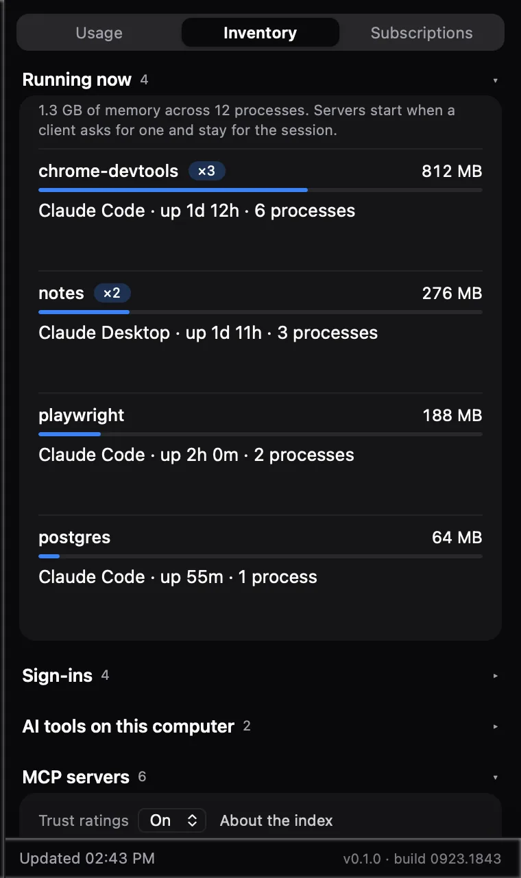Running now: a list of live MCP servers with memory bars, chrome-devtools marked as running three times