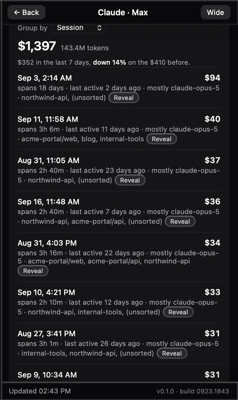 Spend grouped by session: each Claude Code session of the last 30 days with its cost, how long it spanned, when it was last active, the areas it worked in, and a Reveal button