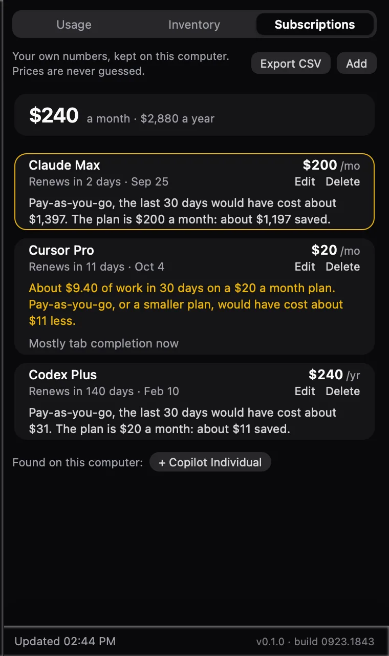 Subscriptions ledger totalling 240 dollars a month, each plan compared with what pay-as-you-go would have cost