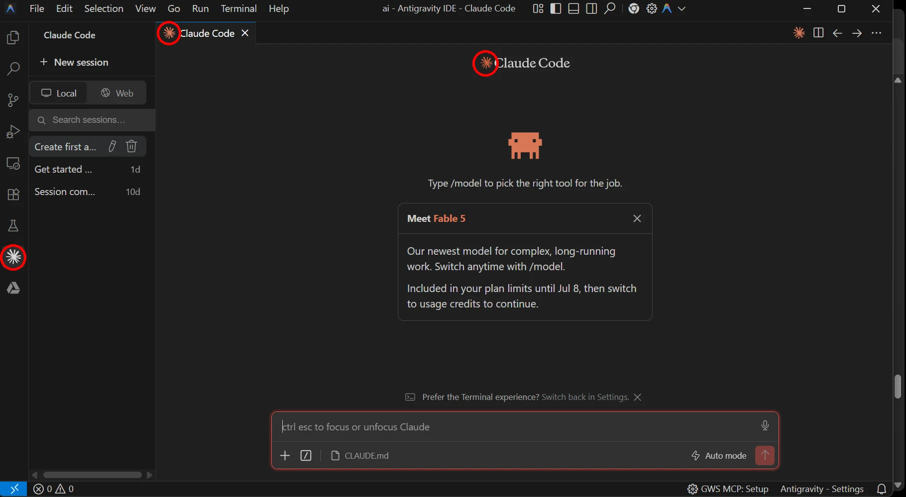 Example setup screenshot: Antigravity IDE with the Claude Code panel open — the orange Claude starbursts circled in red in the sidebar, tab, and panel header